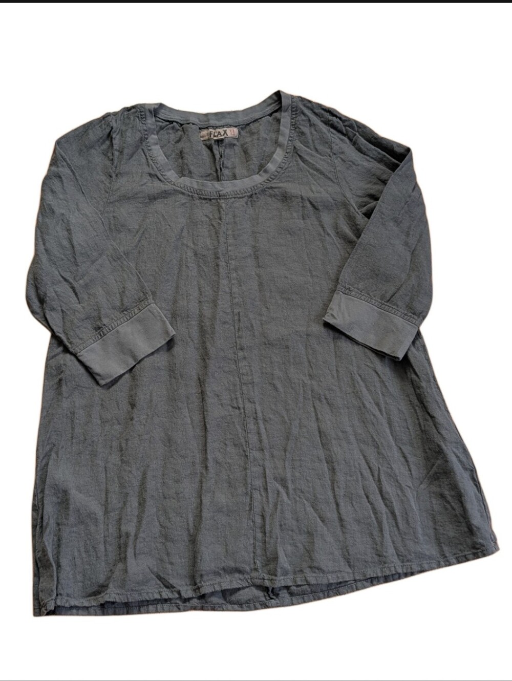 Flax 100% Linen Dark Gray 3/4 Sleeve Bohemian Art To Wear Tunic Top Blouse NWOT